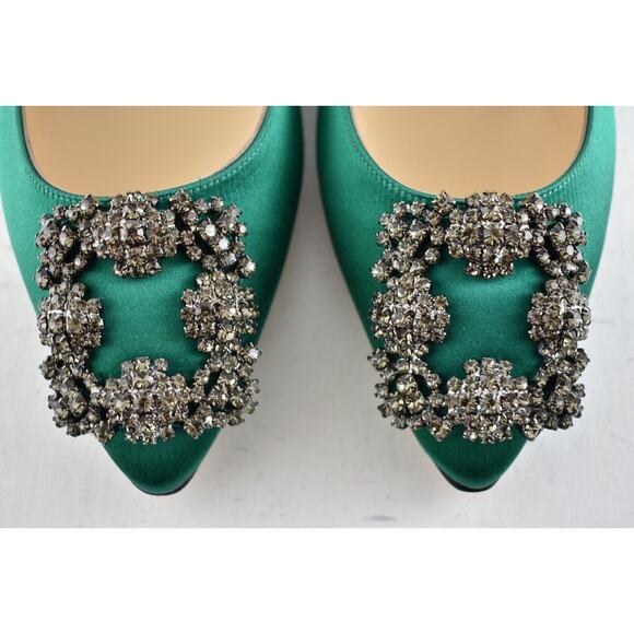 Manolo Blahnik Hangisi Emerald Green Satin Jewel Buck Ballerina Ballet Flat 36.5 - Picture 7 of 12